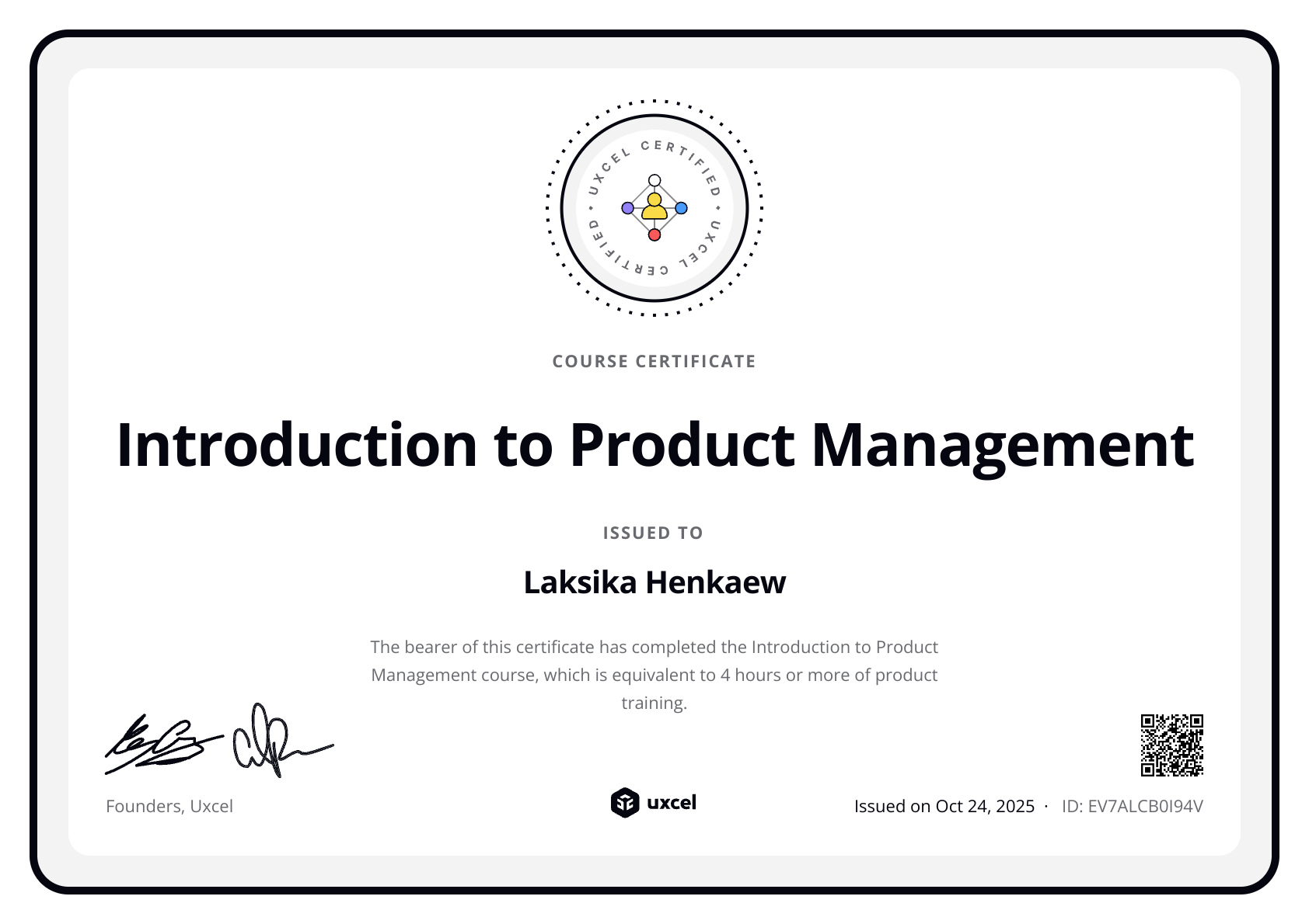 Laksika Henkaew's certificate